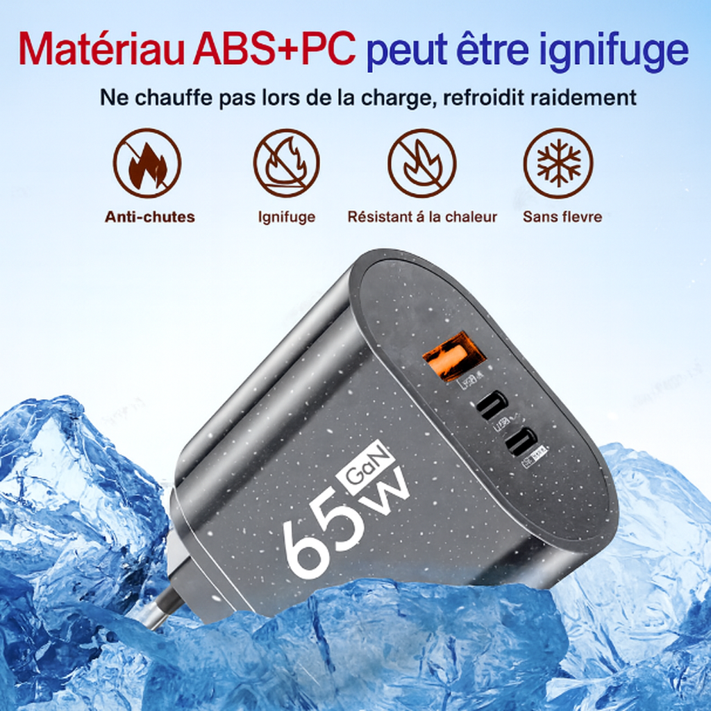 USB C chargeur Charge rapide prise ue 3 Ports 65W Charge rapide